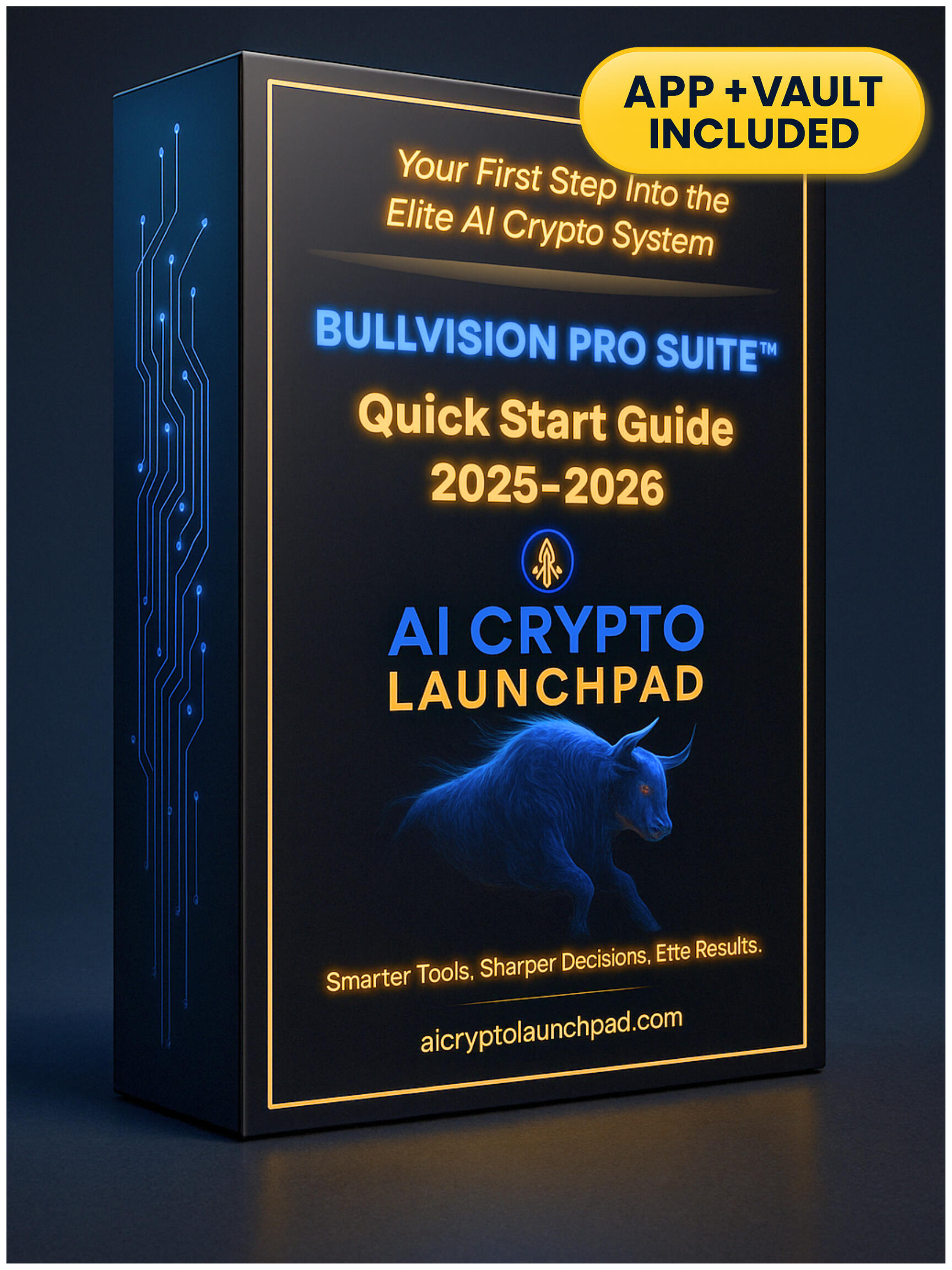 BullVision Pro Suite – AI Crypto Launchpad BullVision Pro Suite 2025 Edition cover showing AI Crypto Launchpad box with blue bull and tagline Smarter Tools, Sharper Decisions